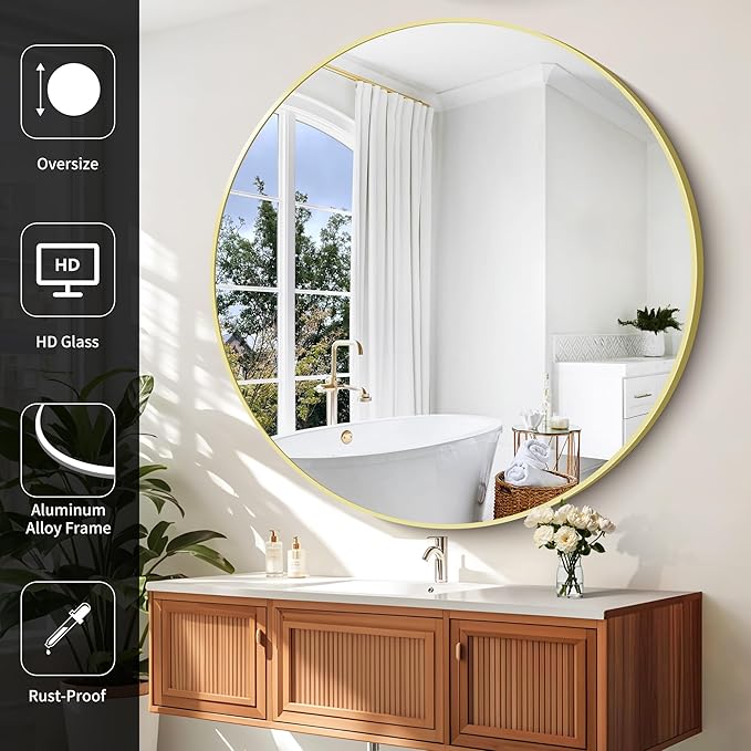 Gold Round Mirror, 48 inch Large Circle Mirrors, Aluminum Metal Frame Big Round - Image 4