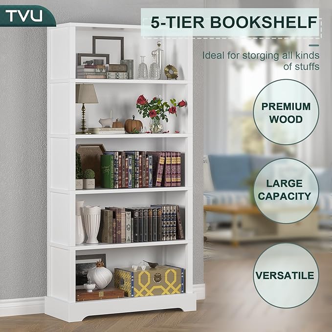 TVU 5-Tier Wooden Book Shelf, Floor-Standing Display Bookcase, Farmhouse Style - Image 4