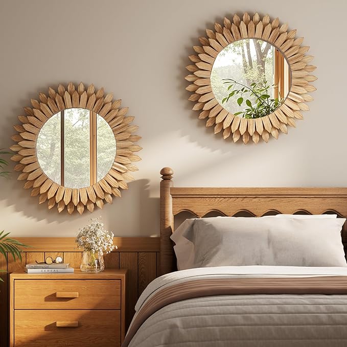 24 Inch Brown Boho Wall Decor Sunburst Mirror - Image 6