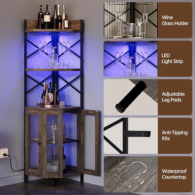 Corner Bar Cabinet with Power Outlet, 5-Tier Corner Wine Cabinet with Led Strip - Image 5