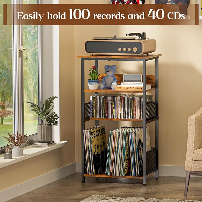 Record Player Stand with Storage Up to 100 Albums and 40 CDs, 4 Tier Vinyl - Image 4
