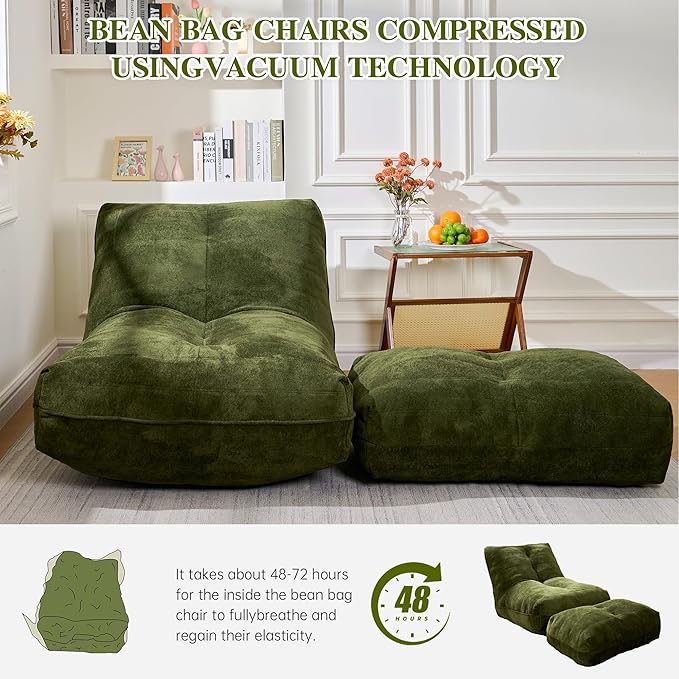 Bean Bag Chair with Ottoman, Comfy Bean Bag Sofa with Memory Foam, Lazy BeanBag - Image 8