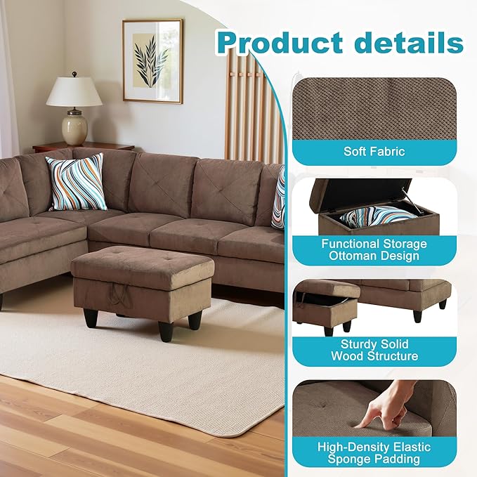 L Shaped Couch Modern Sectional Couch Upholstered Sackcloth Fabric 3 Pieces - Image 5