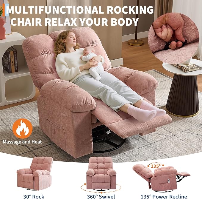 Rocking Recliner Chair with Vibration Massage & Heat, 360° Swivel Oversized - Image 7
