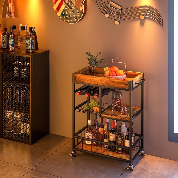 Bar Cart with Basket 3 Tiers Home Rolling Wine Rack with Wheels Mobile Kitchen - Image 2