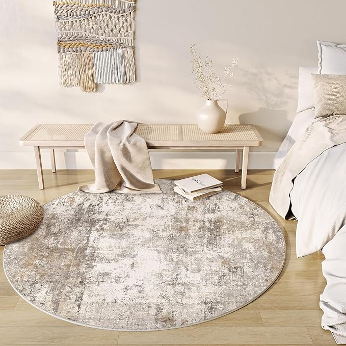 6x6 Washable Round Rug Brown Grey Neutral Abstract Living Room Bedroom Area Rug - Image 2
