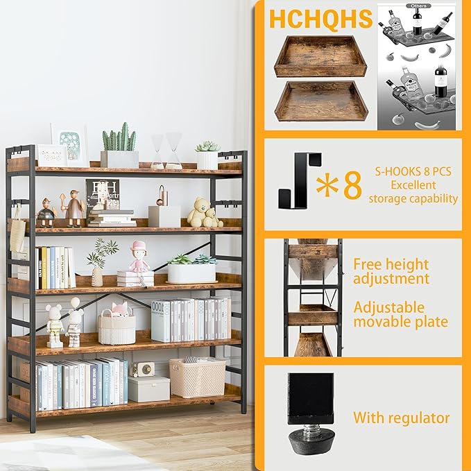 HCHQHS 5 Tier Bookshelf, Adjustable Industrial Bookcase, Vertical Tall Book - Image 5