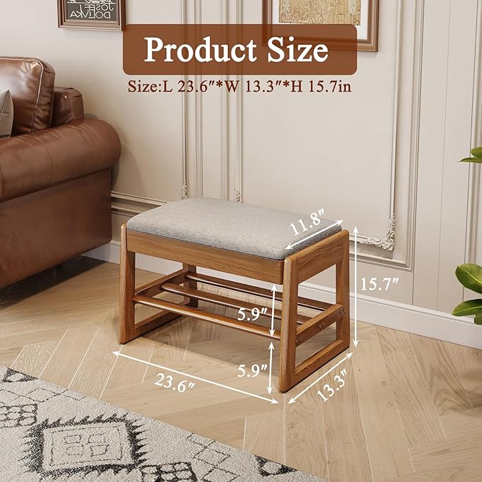 Shoe Rack Bench with Cotton-Linen Cushion 2-Tier Wooden Storage Bench 550lbs - Image 2