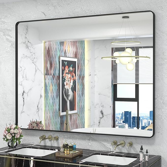 48x40 Inch Black Metal Framed Bathroom Mirror by CHARMOR