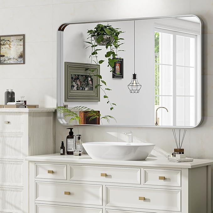 Silver Bathroom Mirror for Wall, 40x30 Inch Rectangular Aluminum Alloy Framed - Image 4