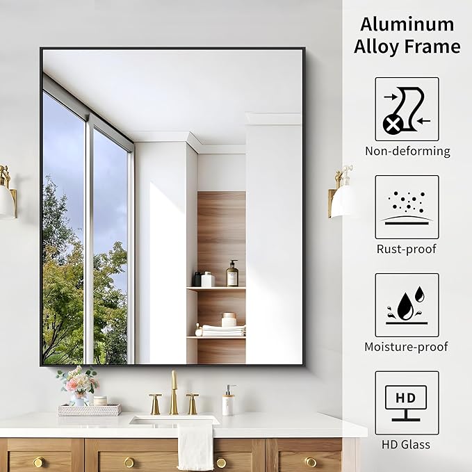 KOCUUY Black Bathroom Mirror, Living Room, Hang Horizontal/Vertical - Image 5