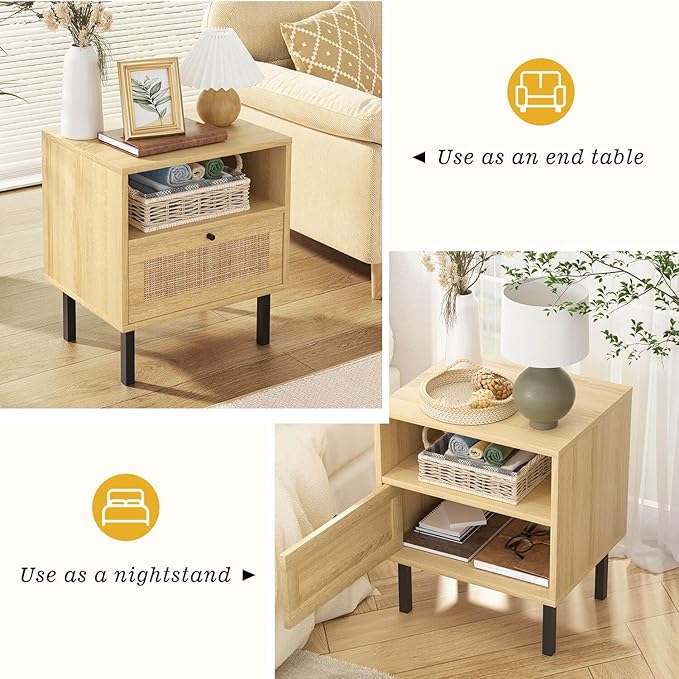 Rattan Nightstands Set of 2, Boho Night Stand - Image 4