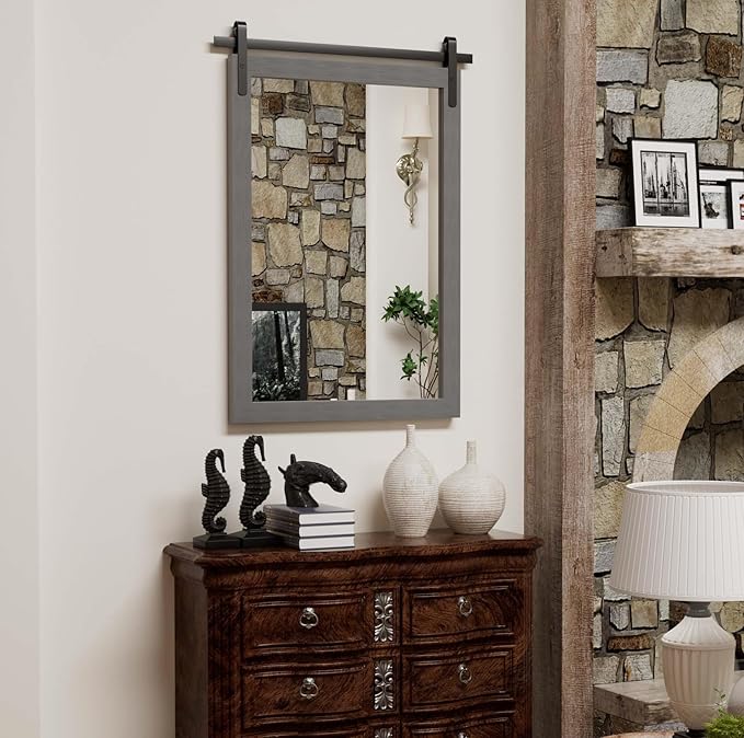 Farmhouse Wall Mirror, Rustic Wood Frame Bathroom Mirror Barn Door Inspired - Image 8