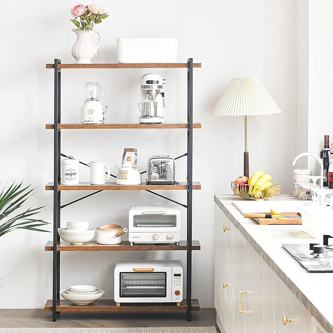 HCHQHS Bookshelf, 5-Tier Industrial Bookcase, Rustic Open Book Shelf, - Image 4