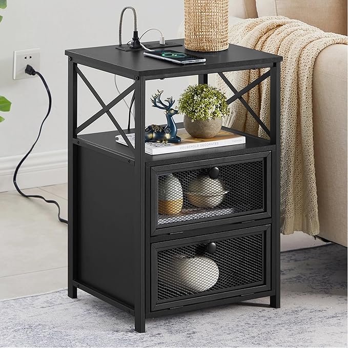 VECELO Black End Table with USB Ports and Outlets, 24 Inch Nightstands with by VECELO