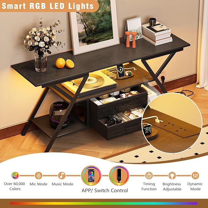 TV Stand with Power Outlet and LED Lights, Fits TVs up to 65”, 2 Fabric Drawers - Image 2