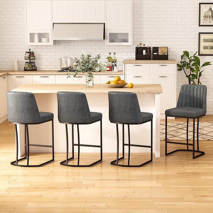 Bar Stools Set of 4, Faux Leather Counter Height Barstools, Upholstered Kitchen by ErdoruLiving