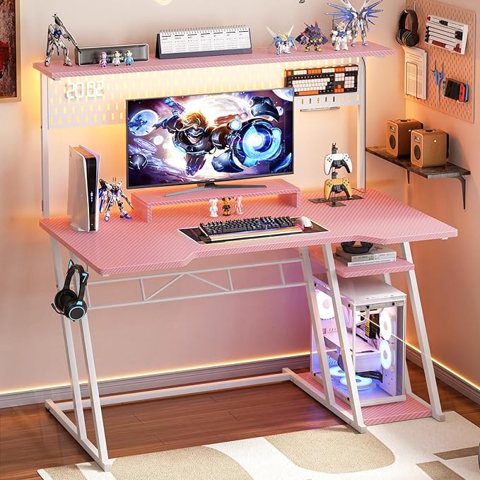 Gaming Computer Desk with Power Outlets, Gaming Desk with Hutch and LED Lights - Image 2