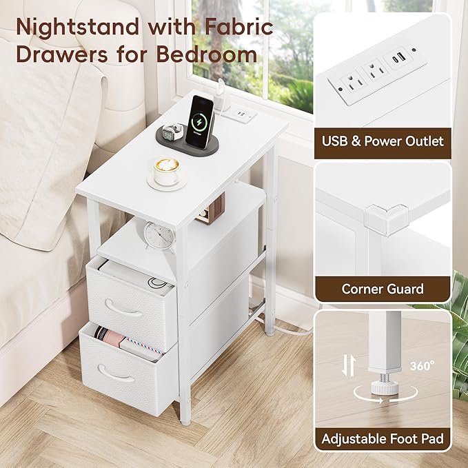 Vagusicc White Nightstand with Charging Station and LED Lights, Narrow Side - Image 6