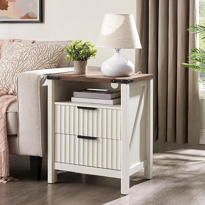 Antique White Nightstand with Charging Station Set of 2-20 Inch Wide Farmhouse - Image 2