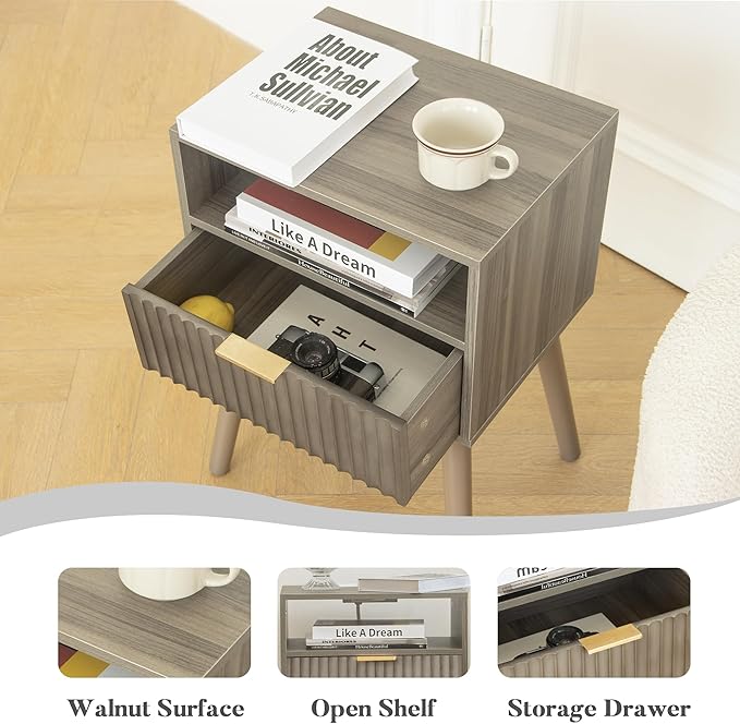 Grey Nightstand, Modern Night Stand Wood, Fluted Bedside Table - Image 6