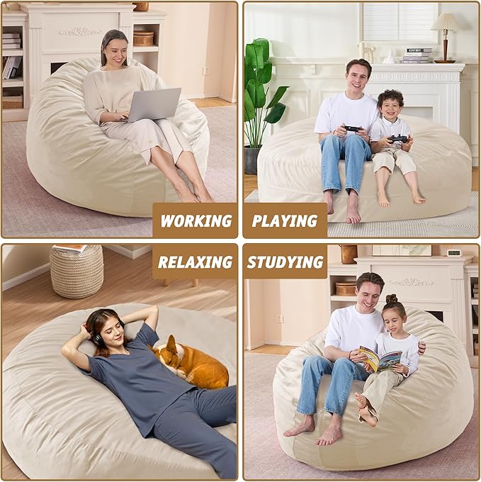7FT Bean Bag Chair with Ultra Soft Velvet Cover Bean Bag Sofa with Memory Foam - Image 6