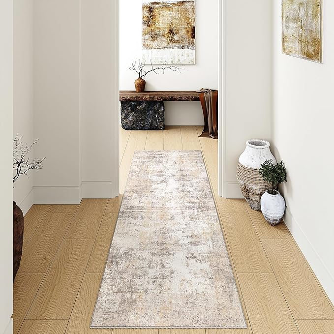 3x8 Washable Runner Rug Beige Grey Neutral Abstract Hallway Kitchen Living Room - Image 3