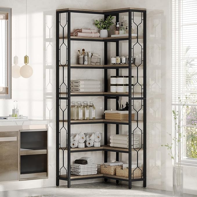 Tribesigns Corner Shelf, 7-Tier Industrial Corner Bookshelf, Wood and Metal - Image 4