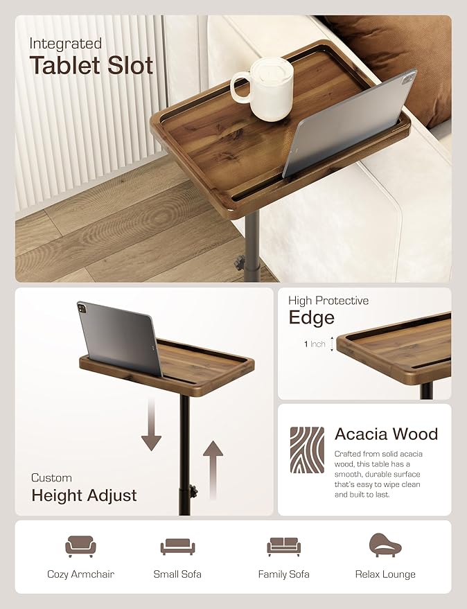 HOLANA Acacia Wood Adjustable C-Shaped Couch Table – 360° Swivel Side Table - Image 3