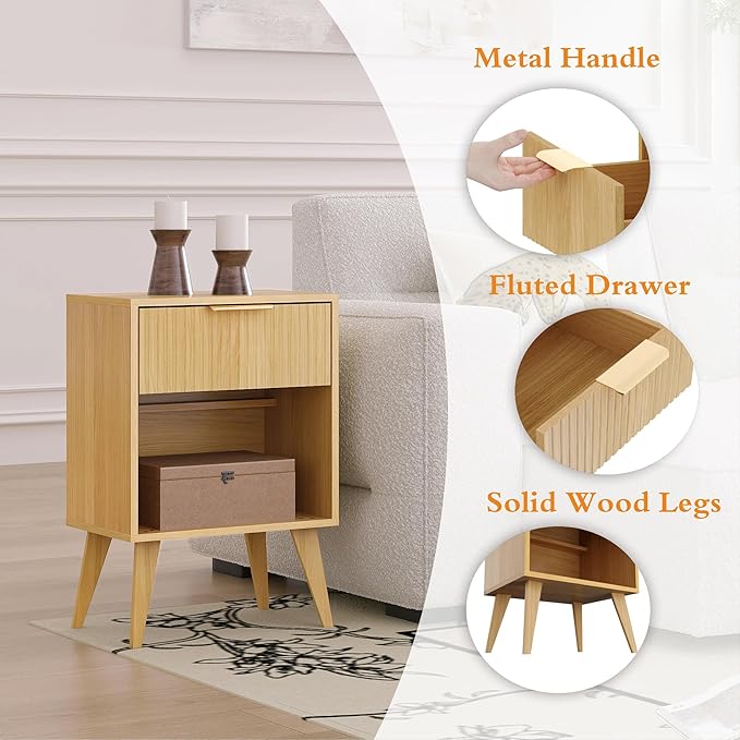 Fluted Night Stand with Opening Storage, Mid Century Bedside Table with Drawer - Image 6
