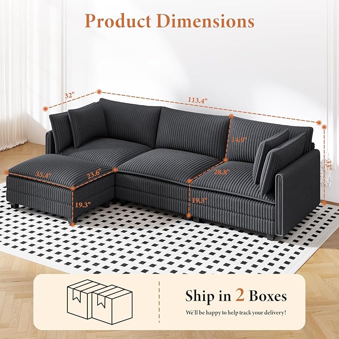 Vesgantti 109" L Shaped Cloud Sectional Couch, Comfy Corduroy Upholstered - Image 2