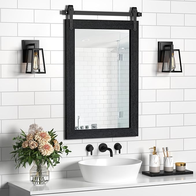 Farmhouse Bathroom Mirrors 26”x40” Black Rustic Wall Decor Mirror by Menscha