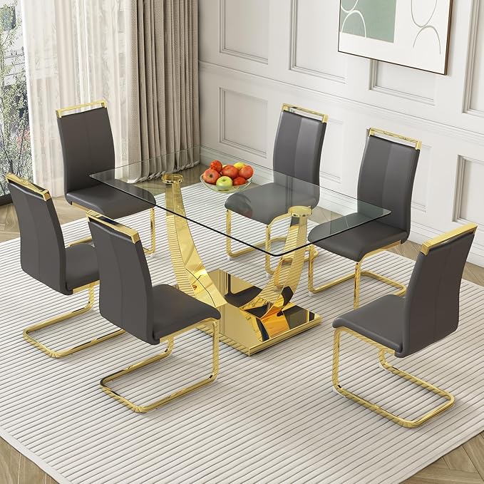 Modern Dining Chairs Set of 6, High Back Grey Kitchen Chairs, Faux Leather Side - Image 2
