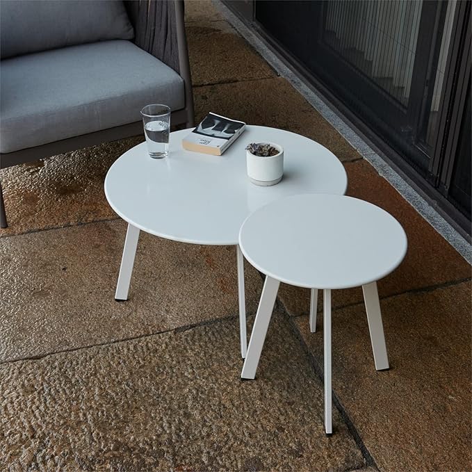 Patio Coffee Table Set of 2, Outdoor Weather Resistant End Table, Round Nesting - Image 2