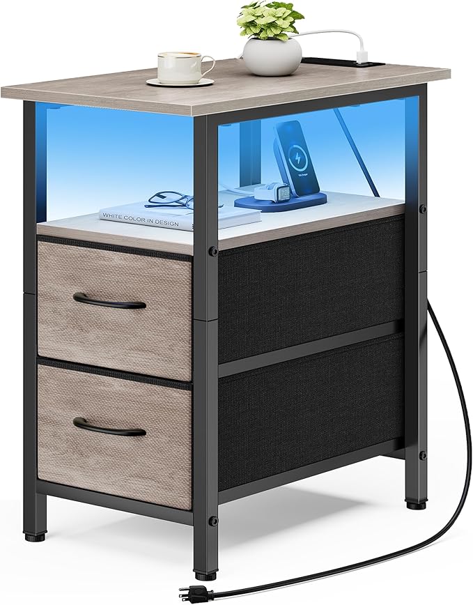 Vagusicc Nightstand with Charging Station and LED Lights, Narrow Side Table by Vagusicc