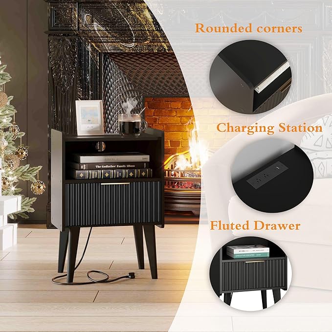 Fluted Nightstand with Charging Station, Modern Bedside Table with Drawer - Image 5