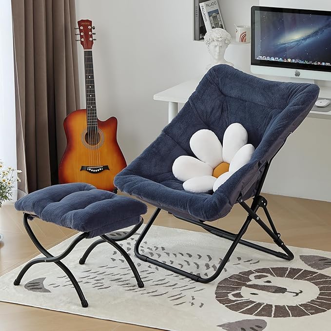 Comfy Folded Chair with Ottoman, Oversized Folding Faux Fur Chair Soft Furry - Image 2