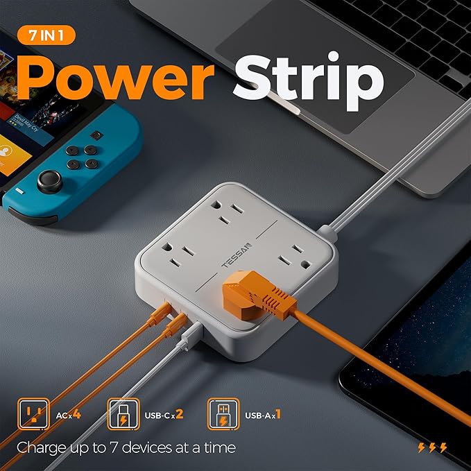 Flat Plug Surge Protector Power Strip, TESSAN 5 ft Ultra Thin Extension Cord - Image 2