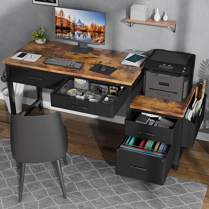 Lufeiya Computer Desk with Fabric File Drawers Cabinet, 57 Inch Home Office - Image 2