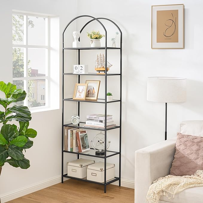Homhedy Bookshelf Arched Display Racks, Metal Bookcase, Tempered Glass Shelves by Homhedy