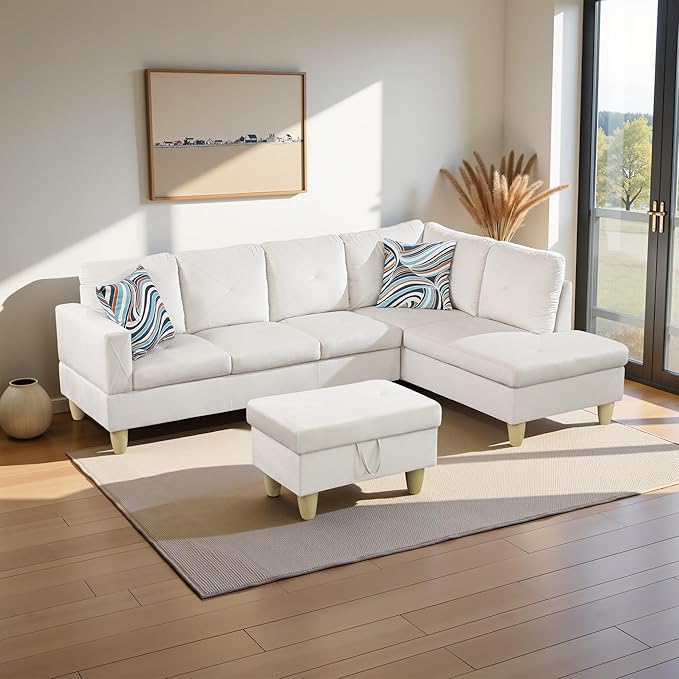 Couches for Living Room Modern L Shaped Couch Comfy Flannel Fabric 3 Pieces by LynginsCreativeLife