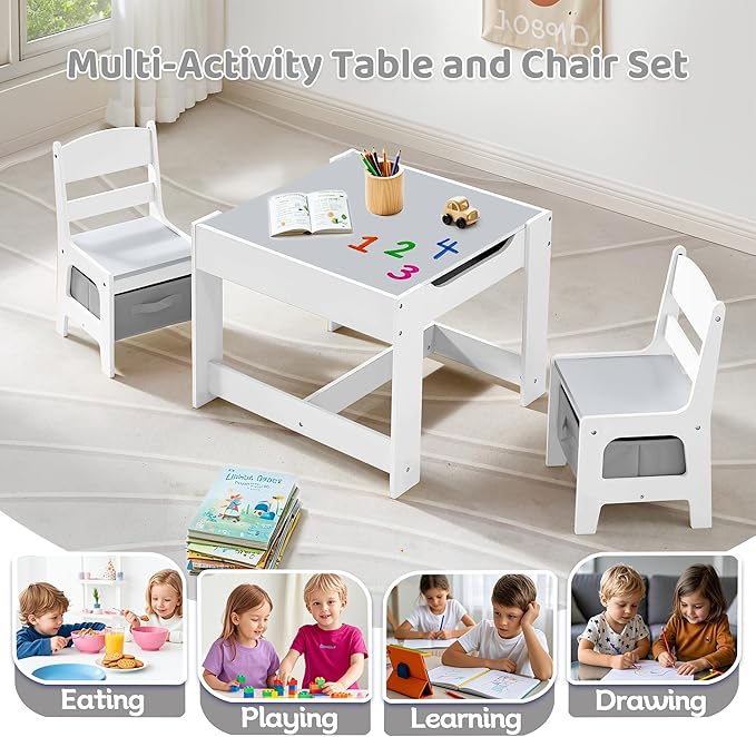 Kids Table and Chairs Set, 4 in 1 Wooden Kids Table - Image 3