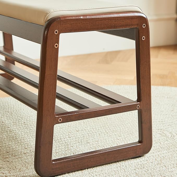 Solid Wood Shoe Bench, 2-Tier Wooden Storage Entryway Bench, Mid-Century Modern - Image 7