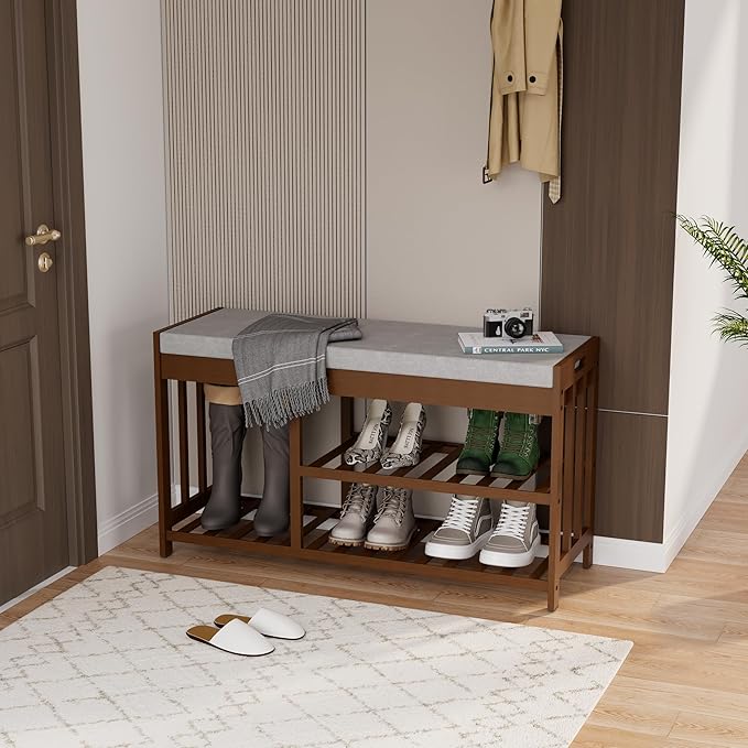 3-Tier Bamboo Shoe Rack Bench, Shoe Storage Organizer Bench, Entryway Benchs by HEALTHYYOU