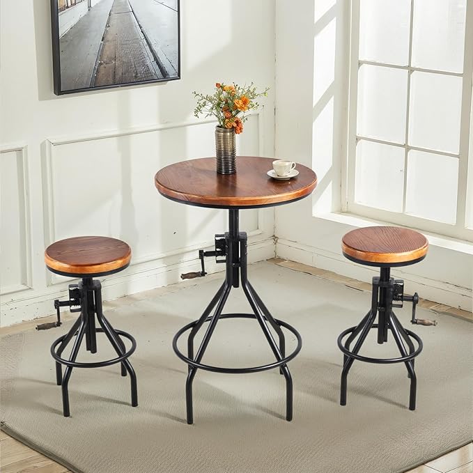 Diwhy Industrial Farmhouse Counter Stool Wooden Seat Height Adjustable - Image 2