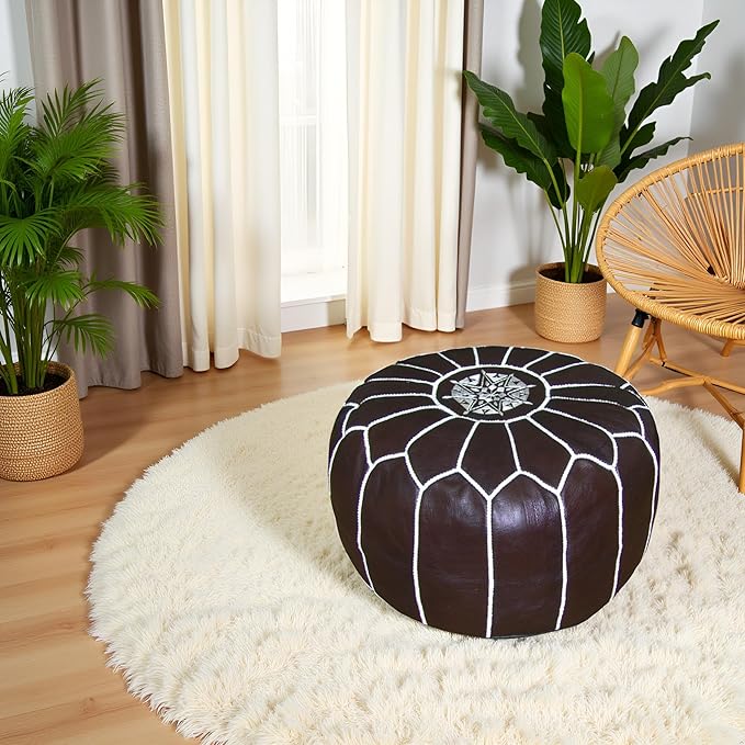 Stuffed Round Design Moroccan Leather Pouf Ottoman, Pre-Filled, 100% Genuine - Image 2