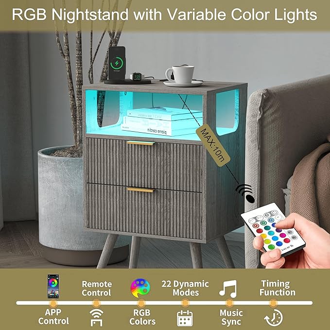 Nightstand with Charging Station and LED Lights, Modern Bedside Table with 2 - Image 5