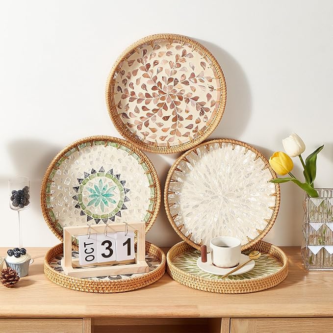 Round Rattan Tray with Mother of Pearl Inlay, Rattan Serving Tray with Wooden - Image 4