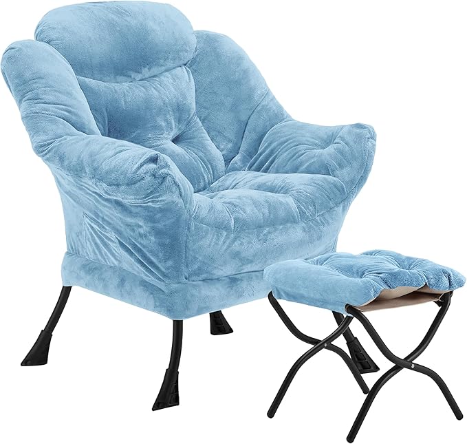 Lazy Chair with Folding Ottoman, Accent Chair Plush Upholstered with Metal by Youtanic
