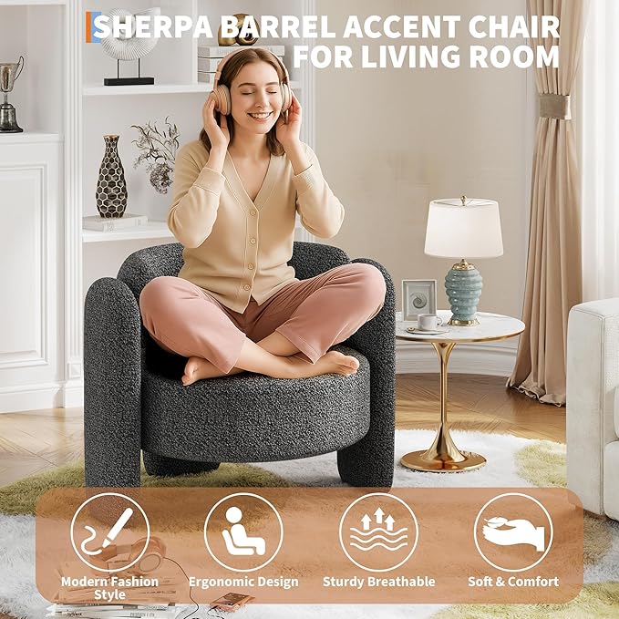 Modern Chenille Accent Armchair， Mid-Century Upholstery, Round Corners - Image 6